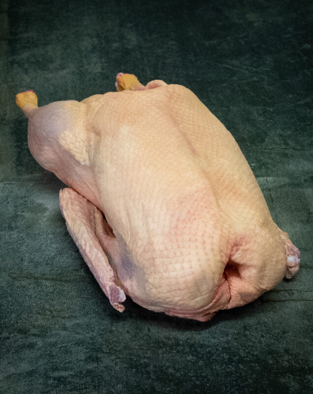 Ganze Gans aus Pommern roh in Extra-Qualität auf Holzbrett