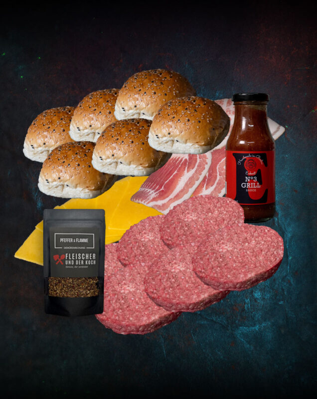 FuK Burger Bundle mit Patties, Bacon, Buns, Cheddar und Grill, & Steakpfeffer