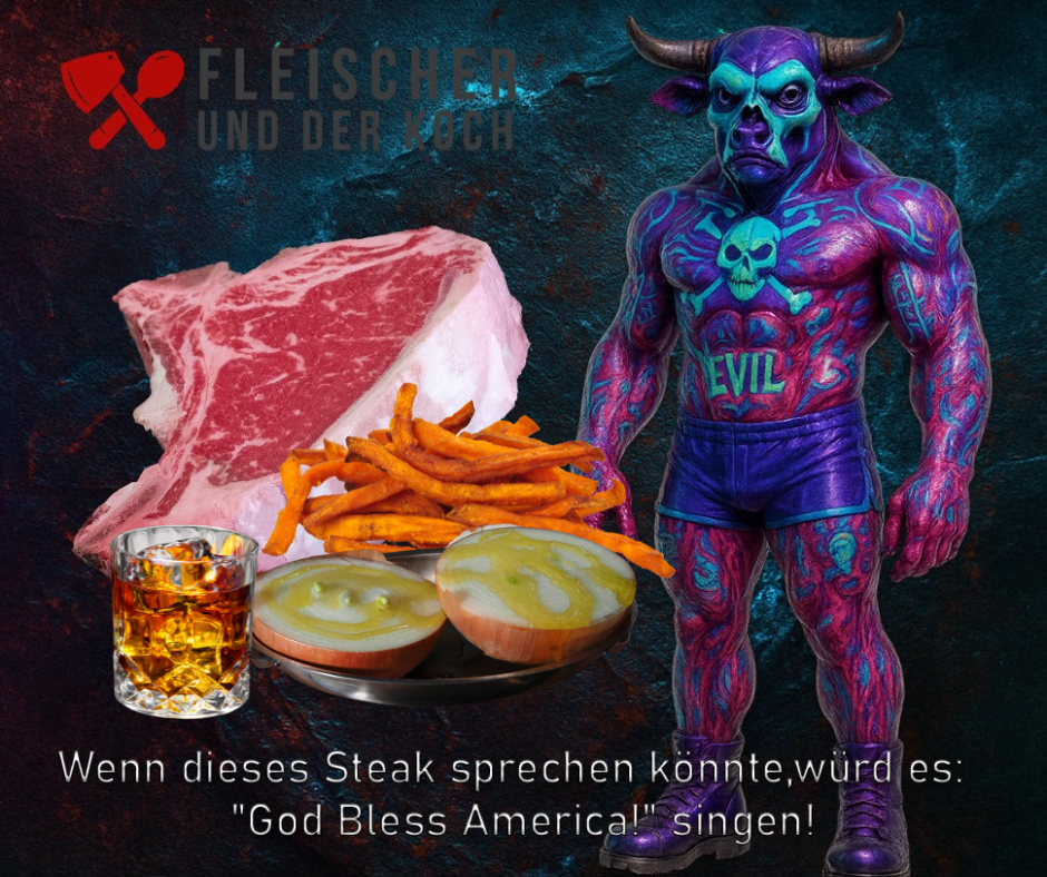 American T-Bone Dream mit Süßkartoffel-Fries und Bourbon-Zwiebeln