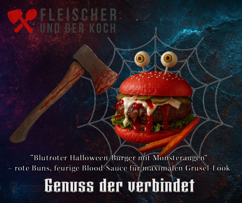 Blutroter Halloween Burger mit Monsteraugen – saftiger Pommern-Färsen-Patty & feurige Blood-Sauce