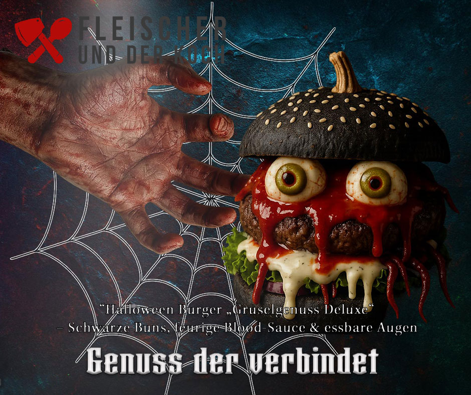 Halloween Burger „Gruselgenuss Deluxe“ – Schwarze Buns, feurige Blood-Sauce & essbare Augen