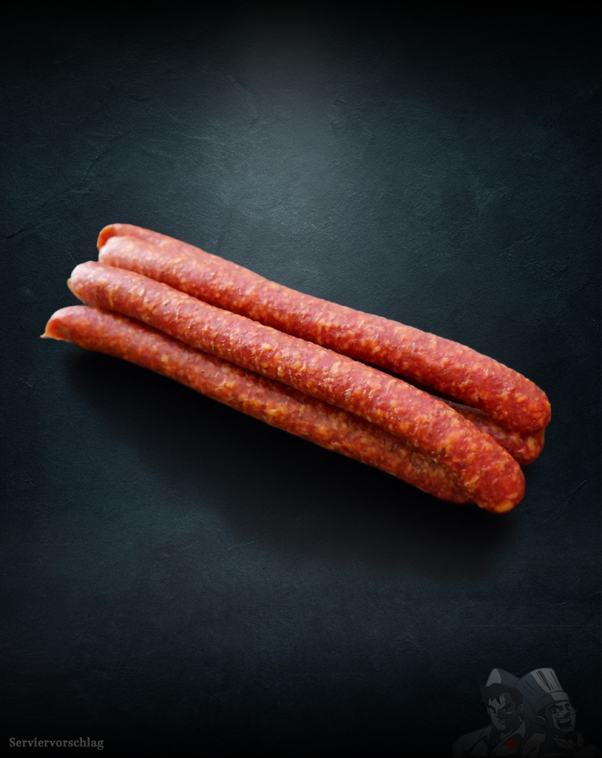 Knacker vom regionalen Duroc-Schwein im Naturdarm, mild gewürzt und heißgeräuchert